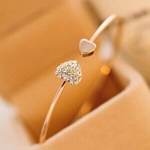 Double Hearts with Rhinestones Open Bangle Gold Tone Bracelet